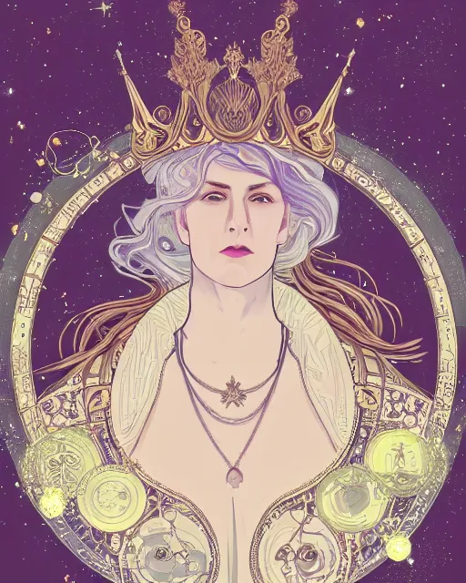 Prompt: a portrait of a universe as an androgynous druid spirit wearing a glowing crown of swirling galaxies colliding, seven necklaces of moons and stars, draped in transparent cloth, flat colors, occult, minimal, swirly, bust by alphonse mucha, decorative art deco border, astrophotography, vast cosmos, digital illustration overlayed on photography, trending on artstation