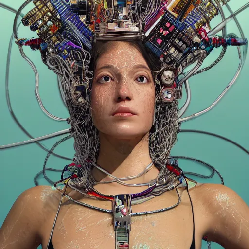 Image similar to give me a higher love, piles of modular synth cables, puerto rican goddess swimming up wearing a headpiece made of circuit boards, by cameron gray, wlop, stanley kubrick, masamune, hideki anno, jamie hewlett, unique perspective, trending on artstation, 3 d render, vivid