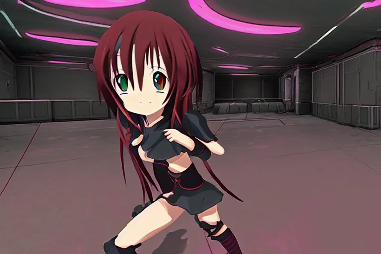 Image similar to an anime girl in a screenshot of the video game doom, the anime girl is running