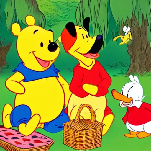 Image similar to Winnie the pooh and Donald duck having a picnic, cartoon