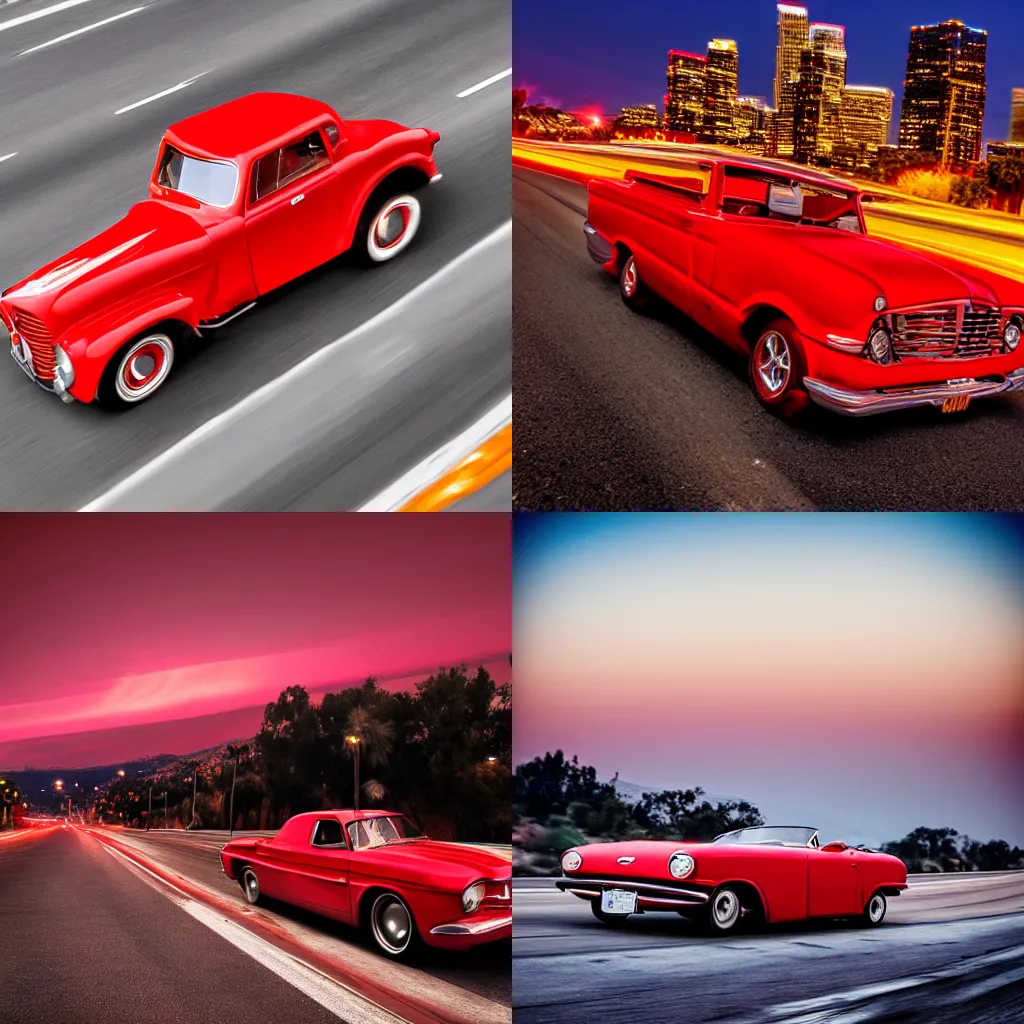 Prompt: old red sovjet car with bright headlights on the american highway in los angeles during dawn, ultra realistic, professional picture, high detail