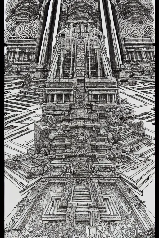 Prompt: a black and white drawing of an ancient temple, a detailed mixed media collage by hiroki tsukuda and eduardo paolozzi and moebius, intricate linework, sketchbook psychedelic doodle comic drawing, geometric, street art, polycount, deconstructivism, matte drawing, academic art, constructivism