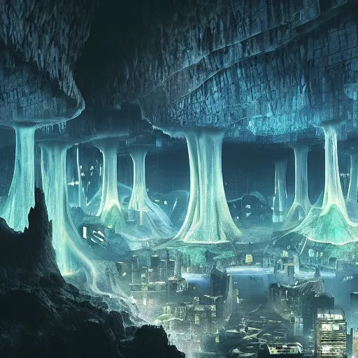 Image similar to “realistic image of city in a giant underground cave, bioluminescence, mushrooms, crystals, roots, Artstation HQ, photorealistic, hiperrealistic, 4k UHD, Unreal Engine 5, dark tones, high contrast”