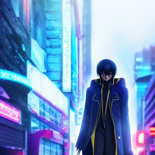 Image similar to Lelouch Lamperouge in a neon city, octane render 8k, atmospheric render, myserious man, professional render, volumetric light, artstation, redshift render, low angle camera, eccentric anime smile, Lelouch in a hood