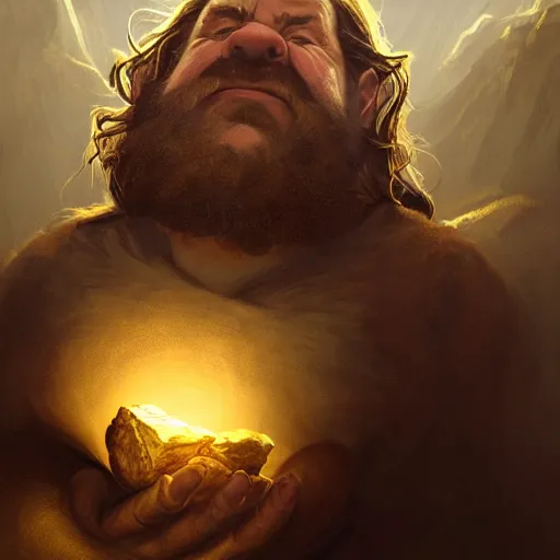 Prompt: portrait of a dwarf hugging the humongous raw, unrefined gold nugget, lump of native gold, realistic, beautiful, fantasy art, dnd, lord of the rings, mid - shot, moody lighting, by greg rutkowski, wlop, artgerm, concept art, sharp focus, ray tracing