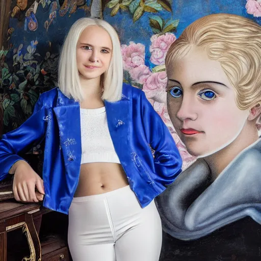 Prompt: platinum - blonde - haired hime - cut blue - eyed 1 9 - year - old french empress wearing white leggings and black silk jacket, adoring communist mural on wall, post - revolutionary era, hd photograph