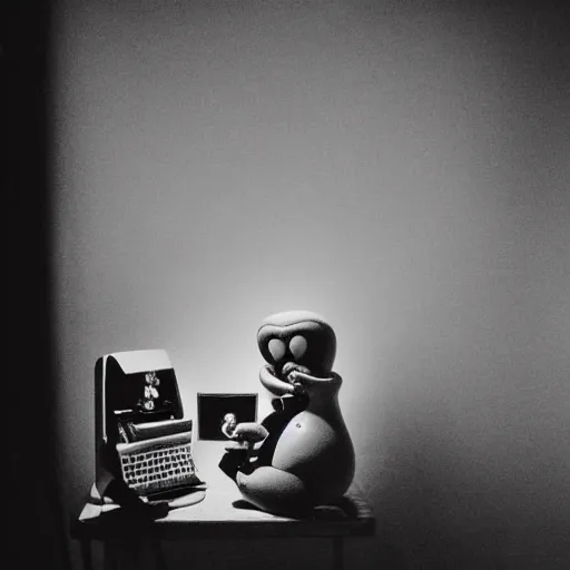 Image similar to a black and white photograph of a computer in love, by gary baseman, by robert crumb, by jim henson, high contrast, soft lighting, surreal, film photography