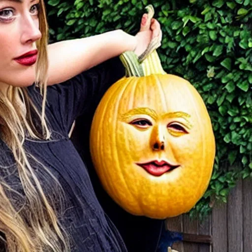 Prompt: gourd shaped like the face of amber heard is a gourd hybrid intercross mix as a gourd