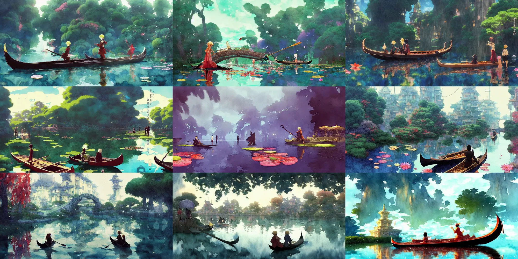 Prompt: anime movie screenshot, characters, waterway, fantasy. gondola boat, amazing composition, colorful watercolor, lily pads, reflections, by ruan jia, by maxfield parrish, by koji morimoto, by zeen chin, by sparth, by zhang kechun, illustration, gloomy, giant statues!!!!!!!, winter