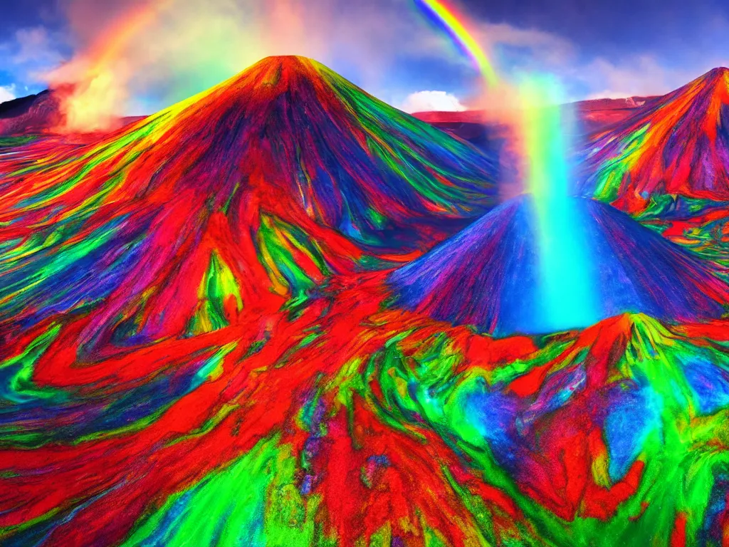 Prompt: rainbow volcano psychedelic art, 4 k