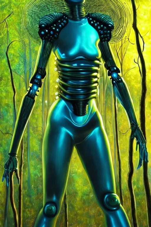 Prompt: hyperrealistic avant garde cinematic super expressive! black woman with exoskeleton armor, merging with tree in a forest, highly detailed digital art masterpiece, smooth cam de leon eric zener dramatic pearlescent soft teal yellow light, ground angle hd 8 k, sharp focus