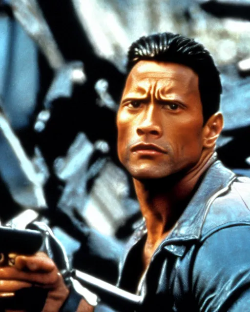 Image similar to Film still close-up shot of Dwayne Johnson in the movie Terminator 2. Photographic, photography