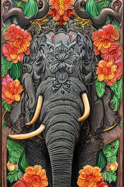 Image similar to Painted dark-wood panel relief carving of a close up of a Flowerpunk Matriarch Elephant, ornate border frame, explosion of colorful flowers, dark wood, intricately carved, black ink, festival of rich colors, intricate details, cinematic lighting, volumetric lighting, post-processing, art nouveau, by andreas rocha and john howe, and Martin Johnson Heade, featured on artstation, featured on behance, golden ratio, hyper detailed, photorealistic, epic composition, center spotlight, f32, well composed, symmetrical, UE5, 8k