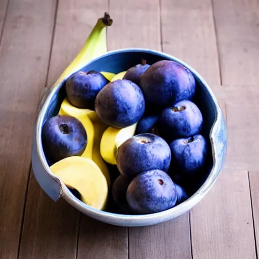 Prompt: blue apple in a bowl of bananas