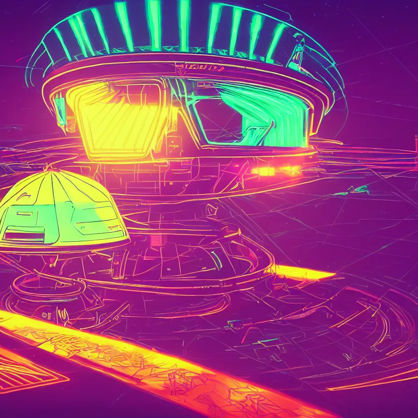 Image similar to a ufo with neon lines, epic retrowave art, trending on art station
