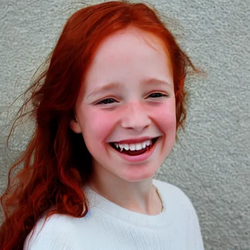 Prompt: A Swiss French Red Haired Girl with a happy smile :: Symmetrical Portrait