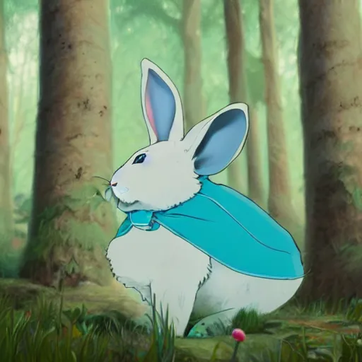 Image similar to concept art painting of a white rabbit wearing a turquoise dress, in the deep forest, realistic, detailed, cel shaded, in the style of makoto shinkai and greg rutkowski and james gurney