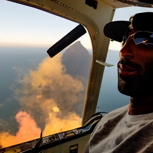 Image similar to selfie of kobe bryant holding a smokie joint in a helicopter, smoke around him, 8k resolution, hyper detailed, shot in the air