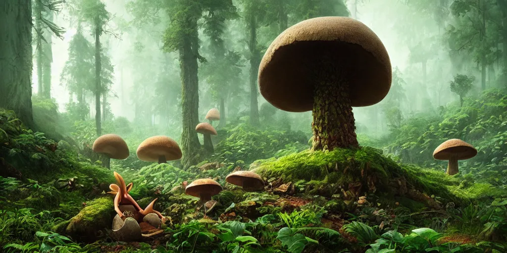 Image similar to Artwork by Filip Hodas of the cinematic view of the Forest of the Giants, a troll is eating a giant mushroom.