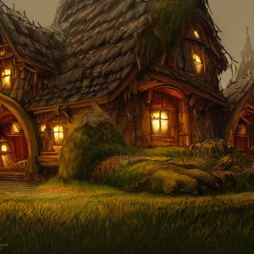 Prompt: Shrek's Ogre House, cinematic lighting, intricate, elegant, highly detailed, digital painting, artstation, smooth, sharp focus, illustration, art