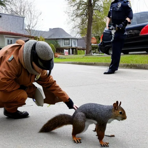 Image similar to a dog-cop ticketing a squirrel with a fine for speeding