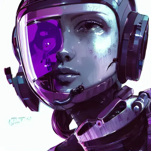 Prompt: highly detailed portrait of a post-cyberpunk robotic young lady with space helmet and wired cybernetic face modifications, robotic limbs, by Akihiko Yoshida, Greg Tocchini, Greg Rutkowski, Cliff Chiang, 4k resolution, persona 5 inspired, vibrant purple, green, brown black and white color scheme with sparking stray wiring