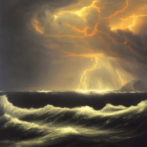 Image similar to This painting depicts a storm scene with thunder and lightning. The dark grey clouds, illuminated with electric light, swirl around the sun, which is painted bright orange. The sea is dark, and roils angrily as the storm rages. You can just make out the silhouette of a ship, being tossed by the waves, and headed towards the rocky coastline