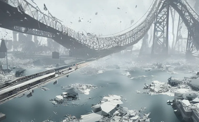 Image similar to explosions in the form of realistic white cotton plants on harbour bridge, huge white cotton everywhere on the destroyed harbour bridge, smooth, sharp focus, highly detailed, 3 d octane render, epic lighting, crazy atmosphere, lots of white cotton, 8 k, by goro fujita