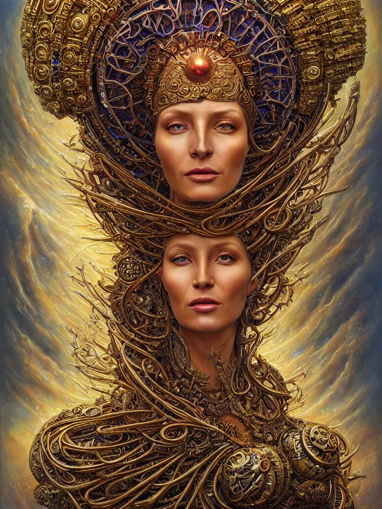 Image similar to hyper-realistic fullbody portrait. very complex hyper-maximalist overdetailed cinematic cosmic scifi portrait of an elegant very attractive sun goddess mother of the universe by andrei riabovitchev, tomasz alen kopera, oleksandra shchaslyva and peter morbacher. Extremely ornated and decorative. Fancy luxury beautiful. Omnious intricate. Secessionist portrait illustration. Goddess of the sky. Focus on face. Artstation. Deviantart. 8k 4k 64megapixel. Rendered by binx.ly.