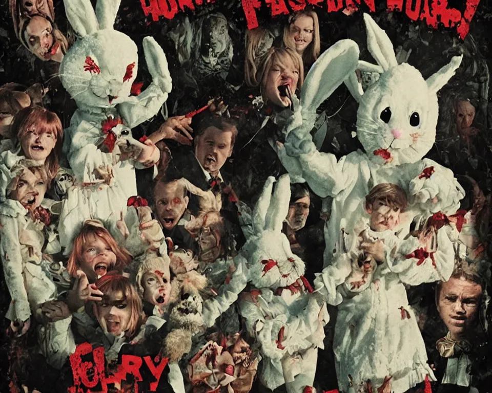 Image similar to a horror movie poster featuring the easter bunny