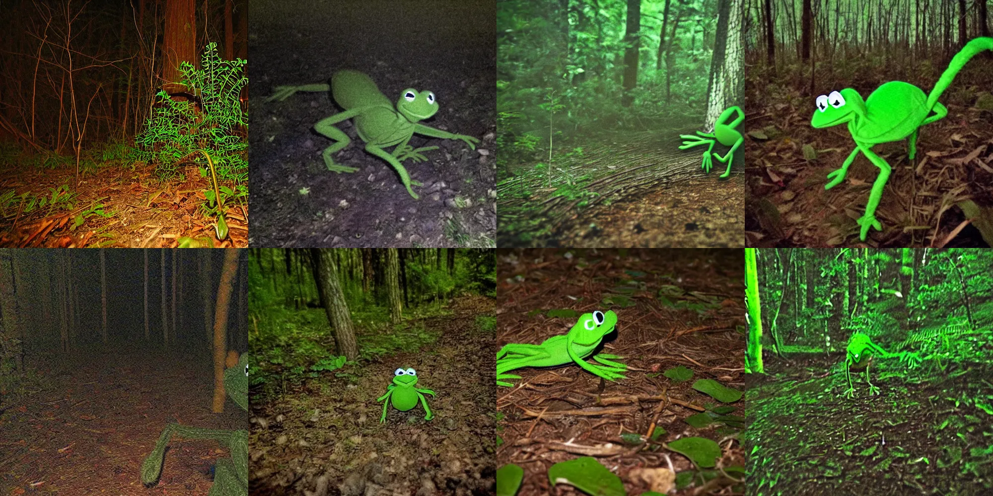 Prompt: trail camera photo of a moving kermit the frog at night in the forest. obscurity. darkness!!!. flash light. red eyes. motion blur. dim.