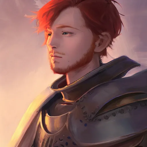 Image similar to portrait of a young redheaded man with blue eyes and wearing armor, medieval background, highly detailed, digital painting, artstation, matte, by makoto shinkai, animation style, studio ghibli, anime key visual