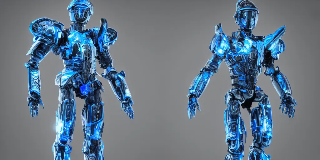 Prompt: a futuristic male humanoid robot, heavily armed, ornate armor, using a schematic blue print as a guide, photo realistic, dark fantasy, 4 k, full body