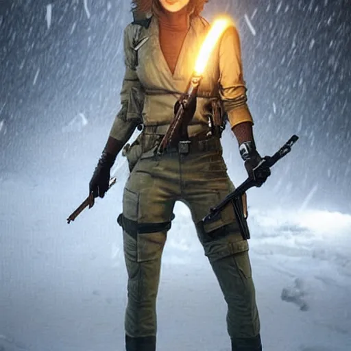 Image similar to quiet from metal gear solid v, caught in a snow blizzard, holding a torch,