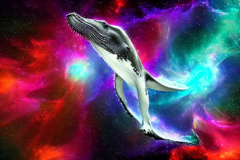 Image similar to a humpback whale made of a cosmic map swimming through a colorful space nebula with a black hole, event horizon, digital art, photorealistic