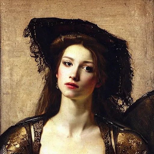 Image similar to portrait of a gorgeous russian woman in armor by Valentin de Boulogne