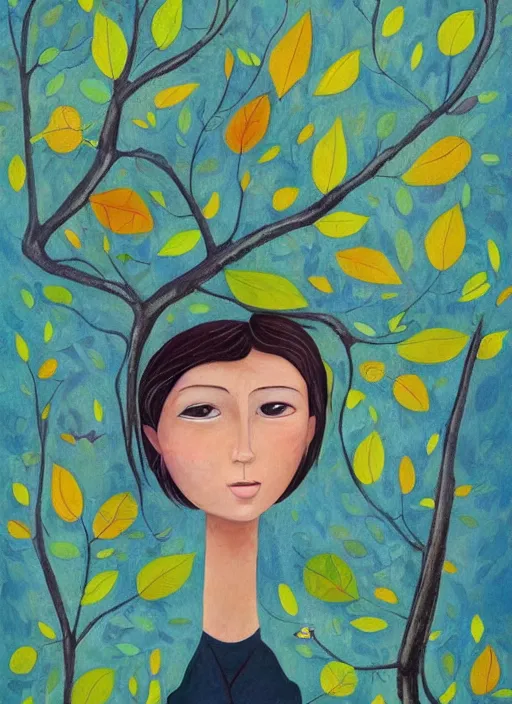 Image similar to a wonderful childrens illustration book portrait painting of a woman, art by tracie grimwood, trees, many leaves, birds, whimsical, aesthetically pleasing and harmonious natural colors