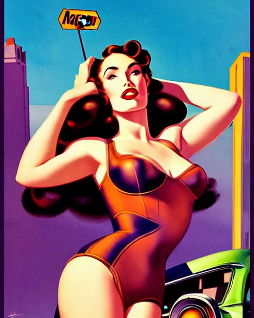 Prompt: beautiful retro space megan fox varga girl posing on a car in diesel punk city, windblown dark hair, retro pinup model, seductive, 1 9 4 0, hyper detailed, digital art, smooth, sharp focus, alberto vargas,