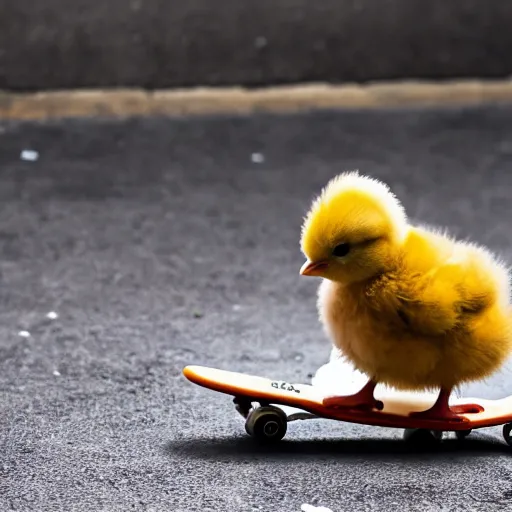 Prompt: a baby chick riding a skateboard