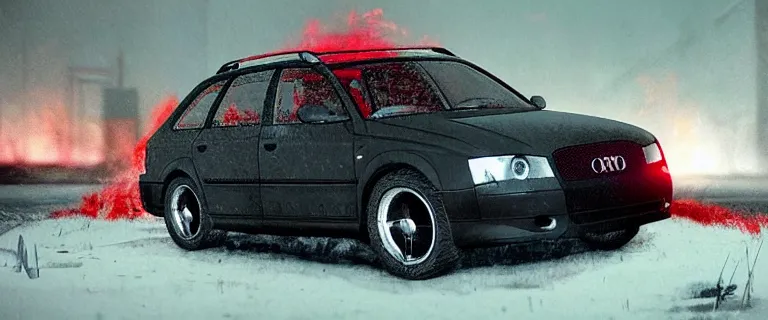 Image similar to Audi A4 B6 Avant (2002), a gritty neo-noir, dramatic lighting, cinematic, eerie person, death, homicide, homicide in the snow, gunshots, establishing shot, extremely high detail, photorealistic, red mist, red fog, chaos, arson, burning city, cinematic lighting, artstation, by simon stalenhag, Max Payne (PC) (2001) winter New York at night, In the style of Max Payne 1 graphic novel, flashing lights, Poets of the Fall - Late Goodbye