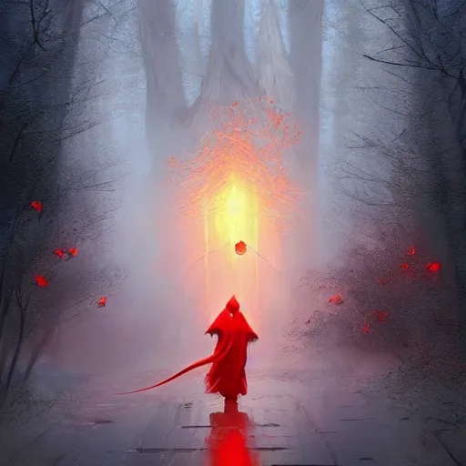 Prompt: ''cinematic shot'' red hooded mage ( spectre ) with leaves falling simetrical 8 k atmosferic realistic, holding a bell, made by ivan aivazovsky, peter mohrbacher, greg rutkowski volumetric light effect broad light oil painting painting fantasy art style sci - fi art style realism premium prints available artwork unreal engine