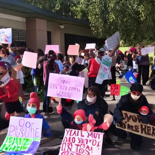 Image similar to babies protesting in front of a daycare center