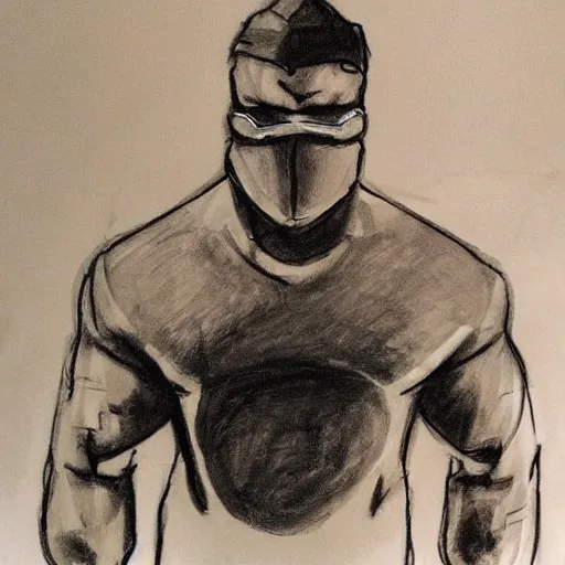 Image similar to sketch of a short stocky buff guy in a plain black t - shirt and cargo shorts, wearing a red ski mask over his entire face, black ski goggles, detailed, dramatic lighting, by ethan van sciver, artstation