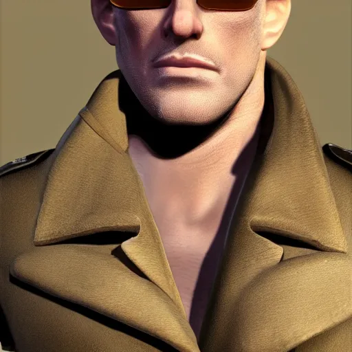 Prompt: blonde Viktor Reznov from Call of Duty: World at War portrait with a beige coat, a blonde goatee, short hair, beige fedora, and sunglasses, photorealistic, dramatic lighting