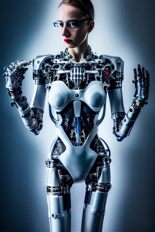 Prompt: cybernetic ultra high tech female assistant, sci - fi, cyberpunk, barocco, high tech, futurism, exoskeleton, symmetry, cinematic, elegant, luxury, perfect light, perfect composition, dlsr photography, sharp focus, 8 k, ultra hd, sense of awe, highly detailed, realistic, intricate, science journal cover