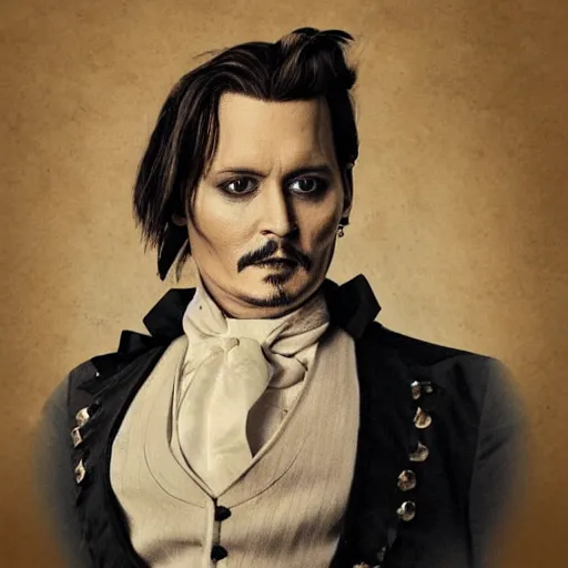 Image similar to old victorian style portrait of johnny depp with a powdered wig and ruffled shirt