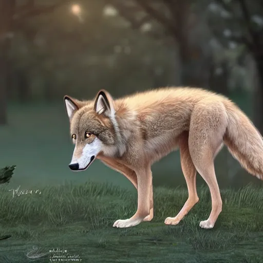 Image similar to professional stylized full - body digital art of a side profile of a tan tibetan wolf, cream and brown fur, fluffy, falling leaves, hd, 8 k, highly detailed, high quality, cute