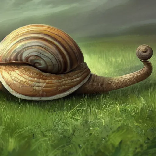 Prompt: a giant snail creeping on the grassland,artstation,very detailed