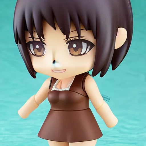 Image similar to nendoroid of a white girl with brown short hair, brown eyes, thick eyebrows