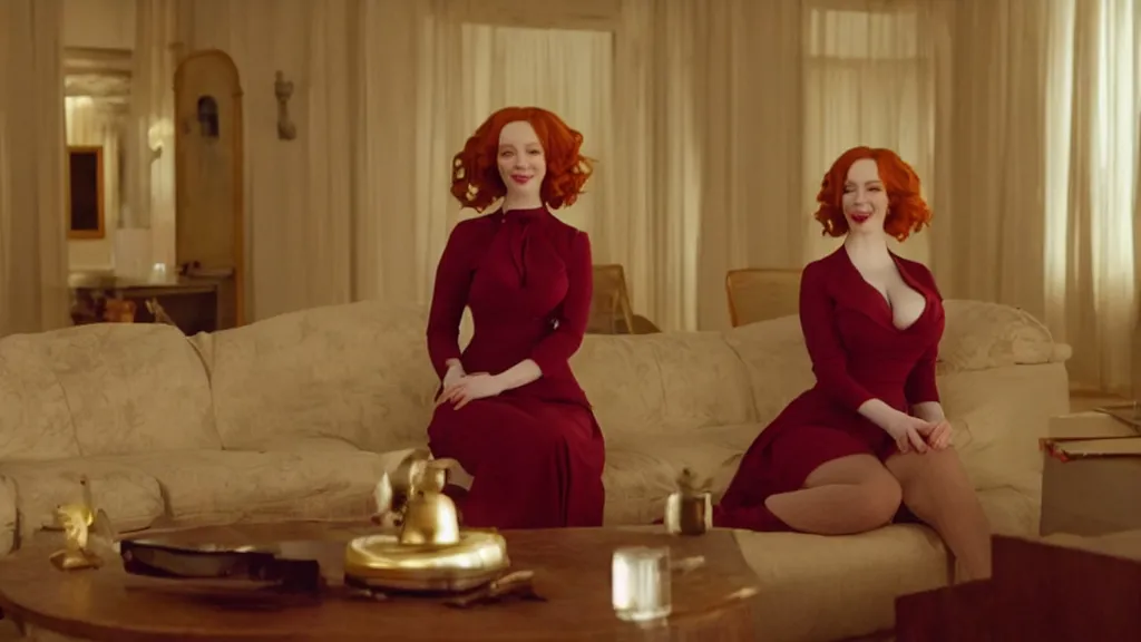 Image similar to a very happy beautiful Christina Hendricks in the living room, film still from the movie directed by Denis Villeneuve with art direction by Salvador Dalí, wide lens